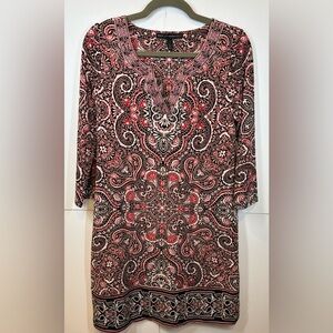 White House Black Market Paisley Shift Dress Black Red 3/4 Sleeve Size Small